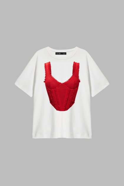 Tricou de damă alb, plisat , cu imprimeu de corset roșu, croială relaxată, model corset
