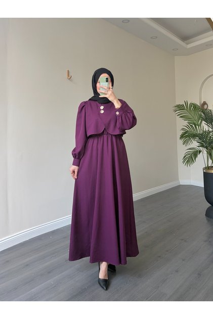 21230 - Bolerolu Gold Buttoned Dress Set Purple