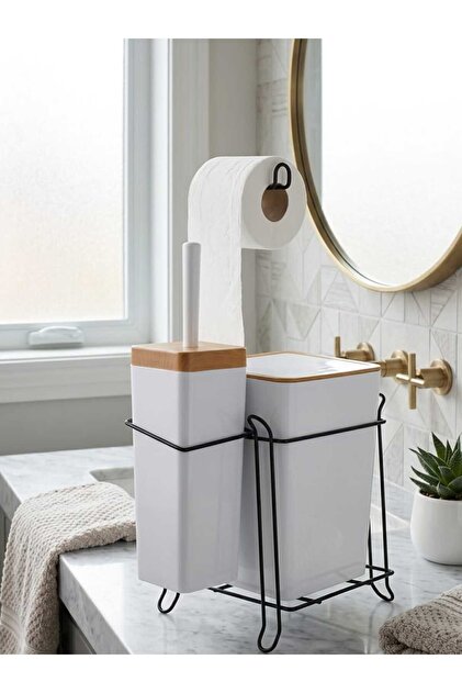 Beyaz-Ahşap 2'li Telli Kare WC Kağıtlığı Fırçalığı Çöp Kovası Seti, Metal Askılı WC Kağıtlık Fırça