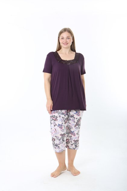 Women's Ring Viscose Plus Size Elegant Detailed Collar Short Sleeve Capri Pajama Set