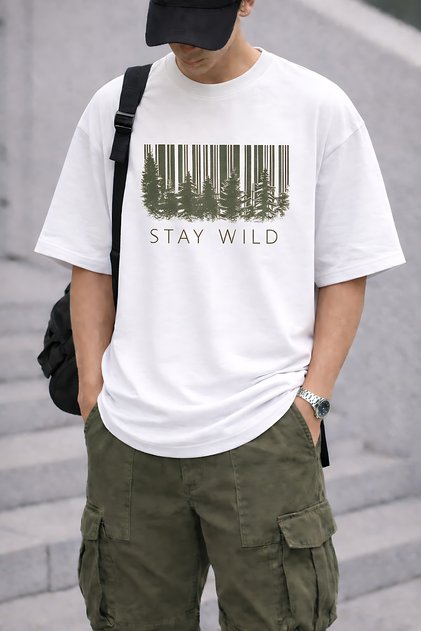 Stay Wild Text and Nature Printed Unisex Oversize T-Shirt – Cotton Crew Neck Casual T-Shirt