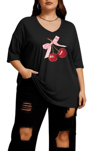 Ribbon-Cheery Printed Large Size V-Neck Oversize Unisex T-Shirt 1Cz4