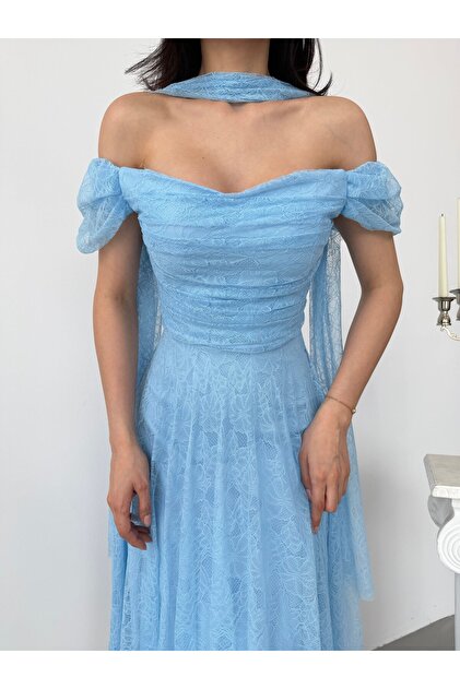 Serica Moda Baby Blue Off-Shoulder Lace Fabric Midi Evening Dress with  Scarf Detail- Trendyol