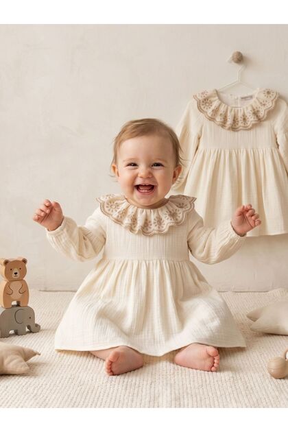 Girl's Muslin Dress with Ruffled Collar