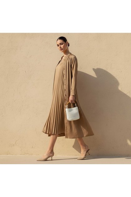 Pleated A-line Women Dress with Longline Shrug