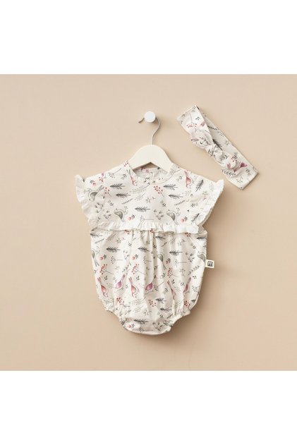 Baby Girl Cotton Summer Floral Romper Jumpsuit Set with Snap Buttons at the Bottom, Bandana and Bird Print