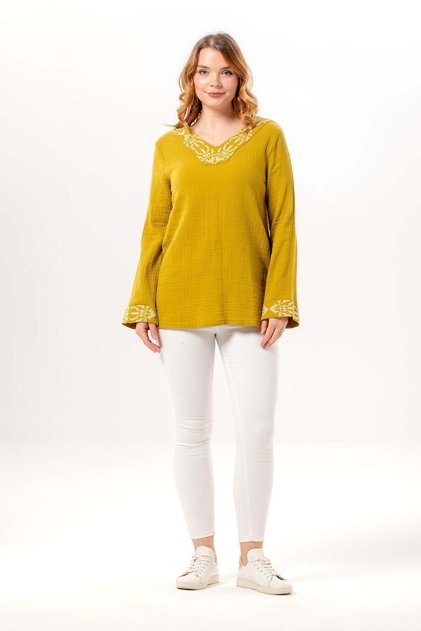 Long Sleeve Nirvana V-Neck Embroidered Summer Muslin Blouse Oil Green Ygysl