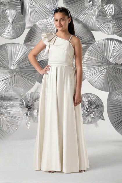 Mojo girls' one-shoulder ruffle detail long evening dress, ecru (ages 10-15)
