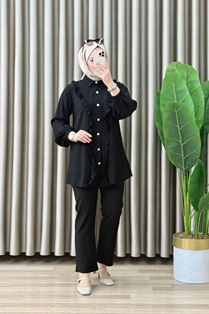 mercan moda DEFNE TAKIM Çilek Kumaş Kadın Siyah Fırfır Detaylı