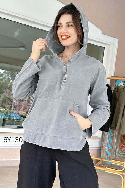 Kangaroo Pocket Linen Hooded Shirt 6Y130