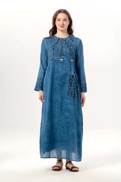 Long Sleeve Sultan Single Pocket Summer Long Poplin Dress Indigo Indg