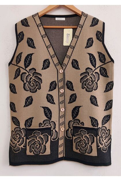 Women's New Rose Petal Pocketed, Front Buttoned, Side Slit Knitwear Long Mother Vest