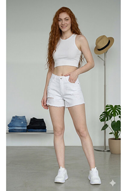 - White Ripped Laser Cut Mini Denim Shorts