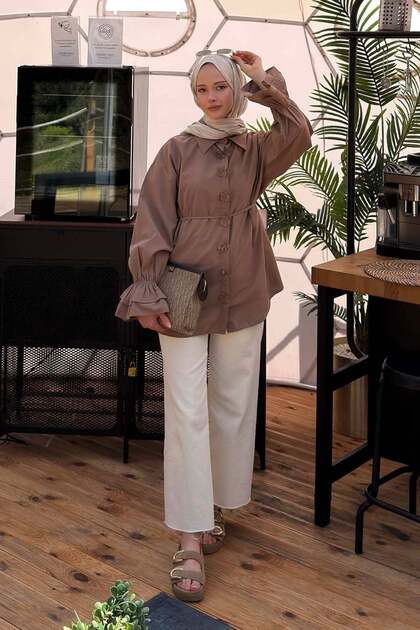Ruffled Tie Detail Shirt Soft Brown