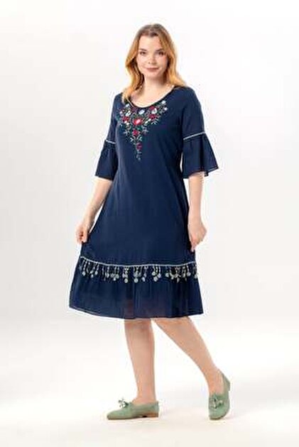 Newbutix Short Sleeve Sile Cloth Black V-Neck Embroidered Long Summer Dress-  Trendyol
