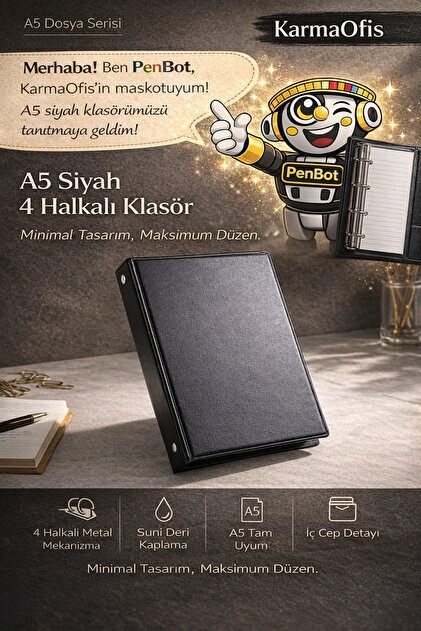 KarmaOfis A5 4 Halkalı Siyah Klasör – Suni Deri Ajanda & Organizer