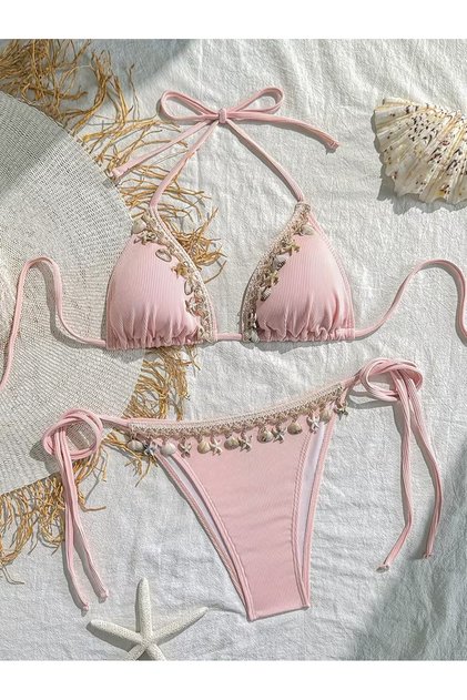 Rosa - Toz pembe deniz Kabuğu Detaylı Üçgen Bikini Takımı - İpli ve Ayarlanabilir Fitilli Bikini