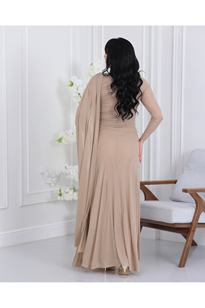 JAQUEEN Elegant Beige Dress with a Feminine and Flowy Design- Trendyol
