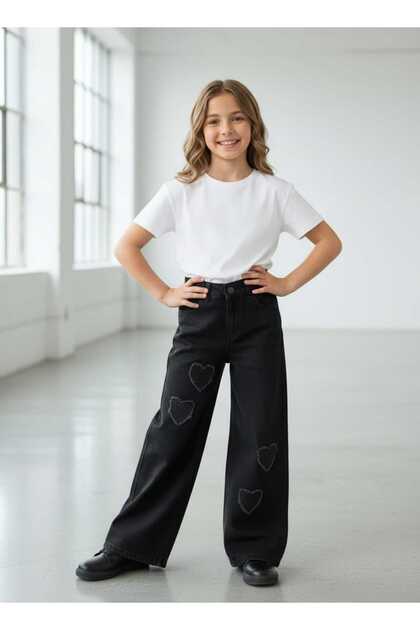 Girl's Jeans Single Bottom with Heart Embroidery Super Quality Cotton Fabric One Hundred Percent