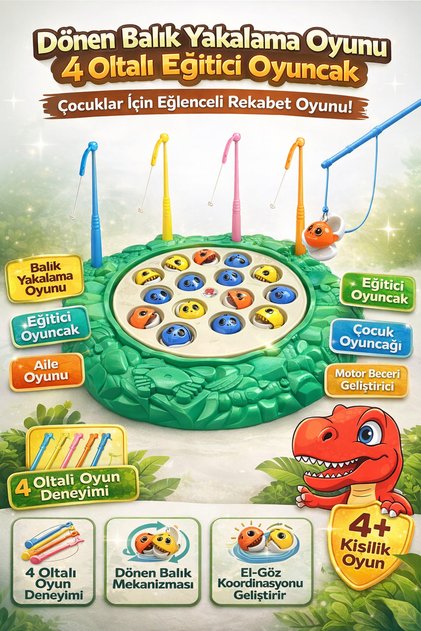 Pilli Balıklı Dinozor Temalı Motorlu Balık Tutma | 4 Kişilik Eğitici Fishing Game Çocuk Oyuncağı