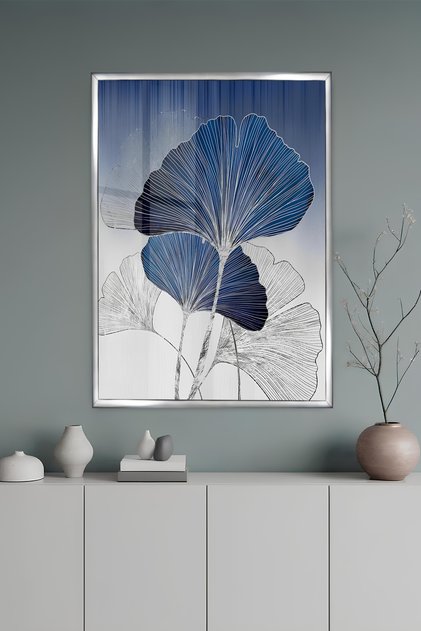 Gri Alüminyum Çerçeveli Mavi Tonlarda Ginkgo Yaprakları Temperli Cam Tablo UV Baskı -SİLVER GRCT107