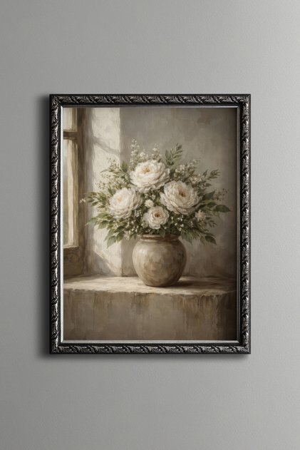 White Peony Bouquet – Vintage Patterned Frame – Slim Model
