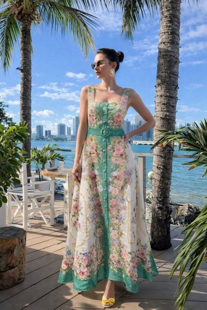 Square Neck Buttoned Long Belted Dress