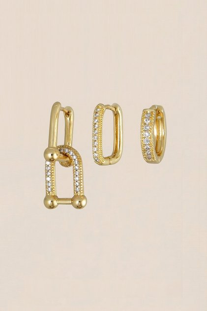 Gold Color Zircon Stone Interlocking Set of 3 Rectangular Hoop Earrings