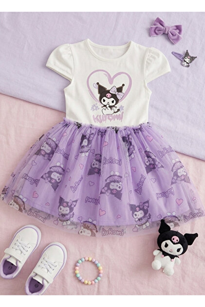 White Girls' Kuromi Printed Tulle Tutu Short Sleeve Dress – Birthday / Special Occasion / Party 3-8 Years