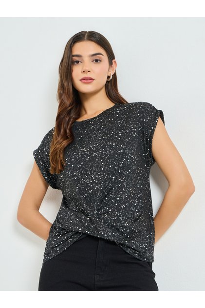 Black Embellished Cap Sleeve Top