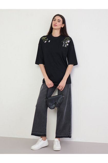 Black Embroidered Oversized Cotton T-Shirt