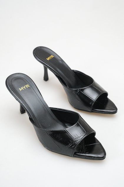 Women's Pointed Toe Heeled Sandals Black Crocodile