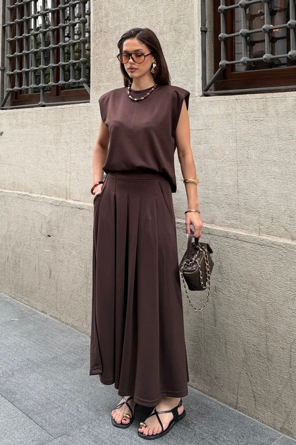 Women's Brown Modal Touch Padded Blouse Pleated Skirt Top and Bottom Set