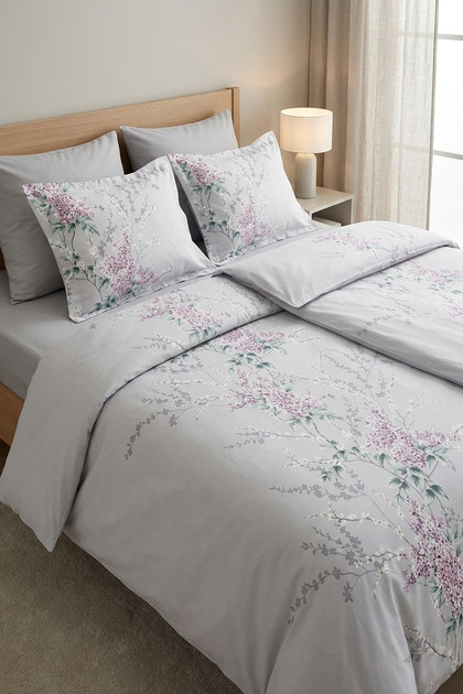 Wisteria 100% Cotton Satin 200 Tc (80 Thread) Printed Family Size Duvet Cover Set - 2 Duvet Covers (7 Pieces)