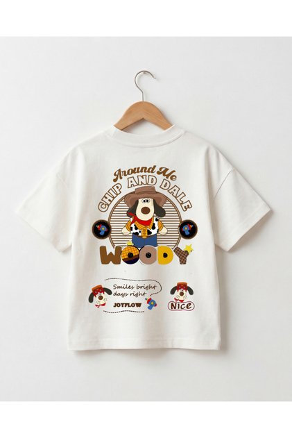 Crew Neck Cowboy Themed Printed 100% Cotton Oversize T-Shirt Baby - Kids