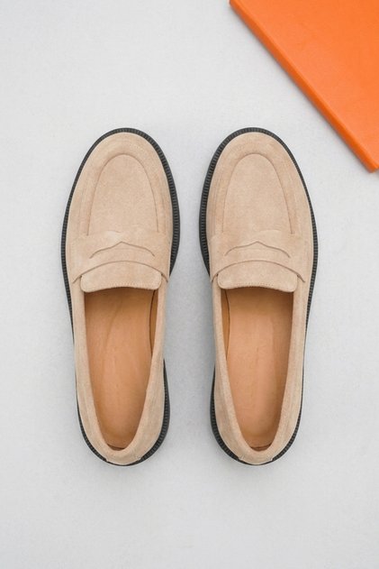 Sand Beige Suede Loafer Dámské boty z pravé kůže Sand Beige Suede Dámské mokasíny z pravé kůže