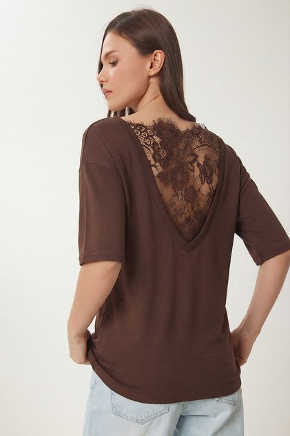 Lace Detailed Oversize Modal T-Shirt Lnt0030 Brown