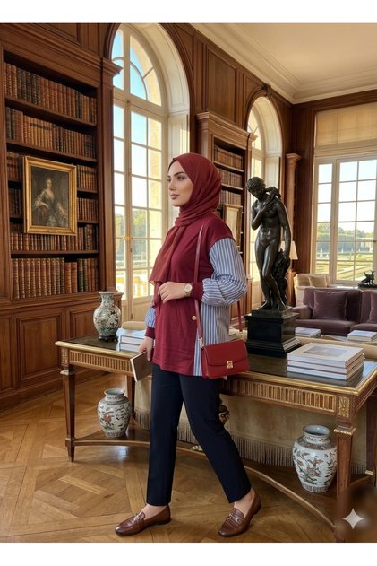 Women's Hijab Tunic Striped Shirt Detailed Tunic