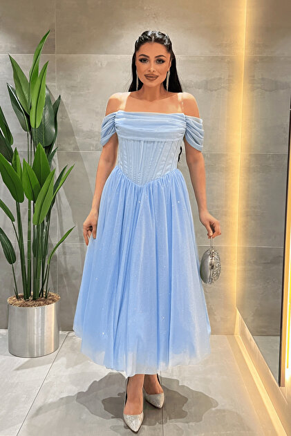 giyimmasal Glittery Tulle Fabric Princess Dress with Underwire Detail -  Baby Blue- Trendyol