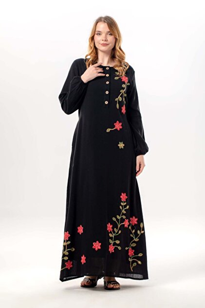 Eli ile Bezi Long Sleeve Spring Buttoned Crew Neck Floral Embroidered  Summer Sile Fabric Long Dress Black Syh- Trendyol
