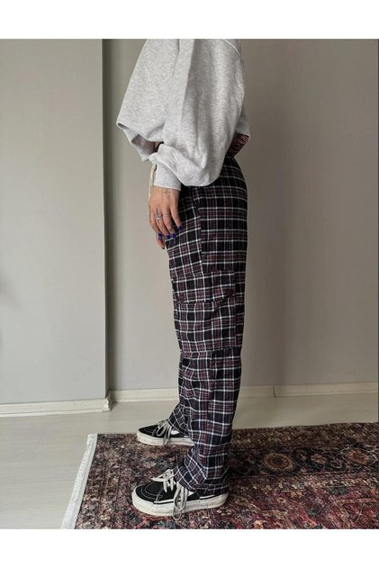 Plaid Patterned Lace-Up Sweatpants with Cargo Pockets, Navy Blue