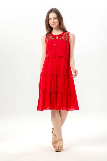 Sleeveless Mina Embroidery Detailed Lace-Up Collar Summer Voile Dress Red Krmz