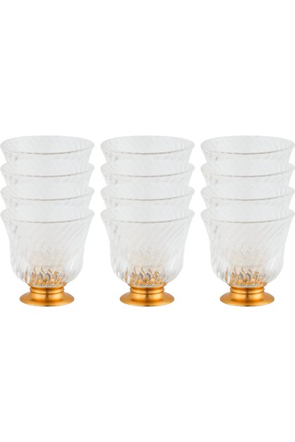 Amber Arabic Coffee Cup Set With Glass Platess, 12 Pieces, 80 Ml, Gold Base - Clear
