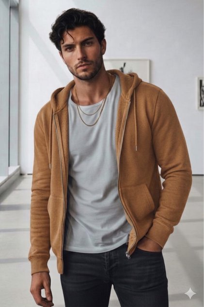 Men's Camel Full Zip Hooded Cardigan Jacket