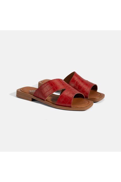 Women's Red Crocodile Printed Asymmetrical Cut Leather Slippers