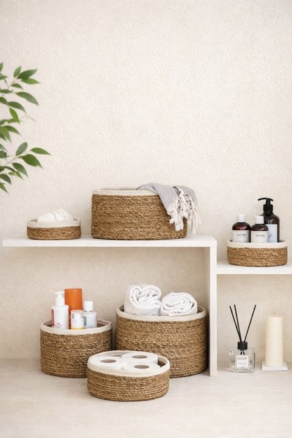 7-Piece Hand-Knitted Wicker & Jute Organizer Set – Stylish Storage Baskets