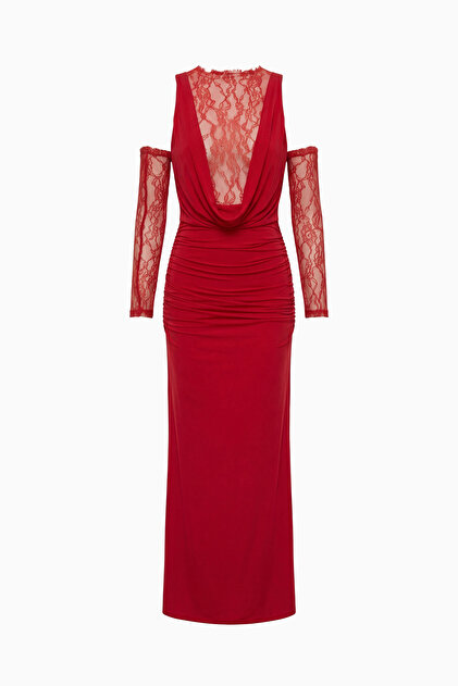 Lafaba Women's Red Lace Detailed Deep V-Neck Evening Dress & Graduation  Dress- Trendyol