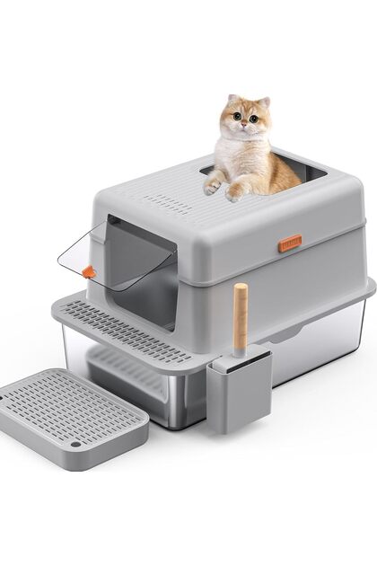 XL Kapalı Kedi Tuvaleti Geniş Girişli | Paslanmaz Çelik | 36L | Kolay Temizlik