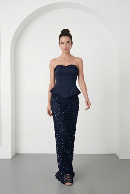 Lafaba Women's Navy Blue Slim Fit Strapless Collar Sequined Long Evening  Dress- Trendyol