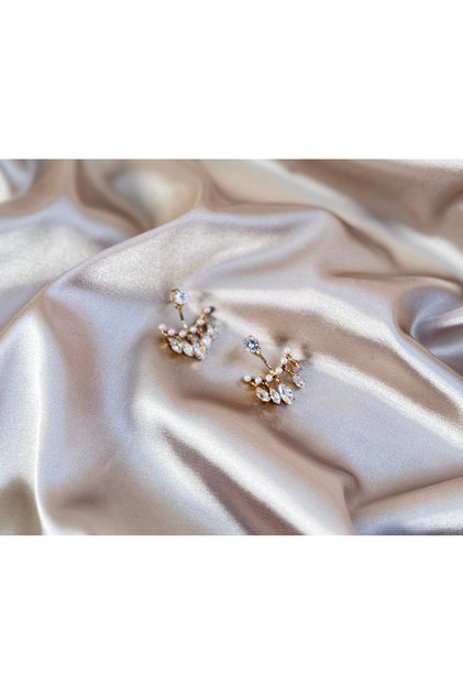 Kadın Gold Renk Markiz ve Yuvarlak Kesim Kristal Taşlı Küpe - Ear Jacket Tasarım